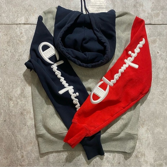 Champion Reverse Weave Colorblock Hoodie Mens‎ Small Grey Red Navy Script Logo - Picture 9 of 10